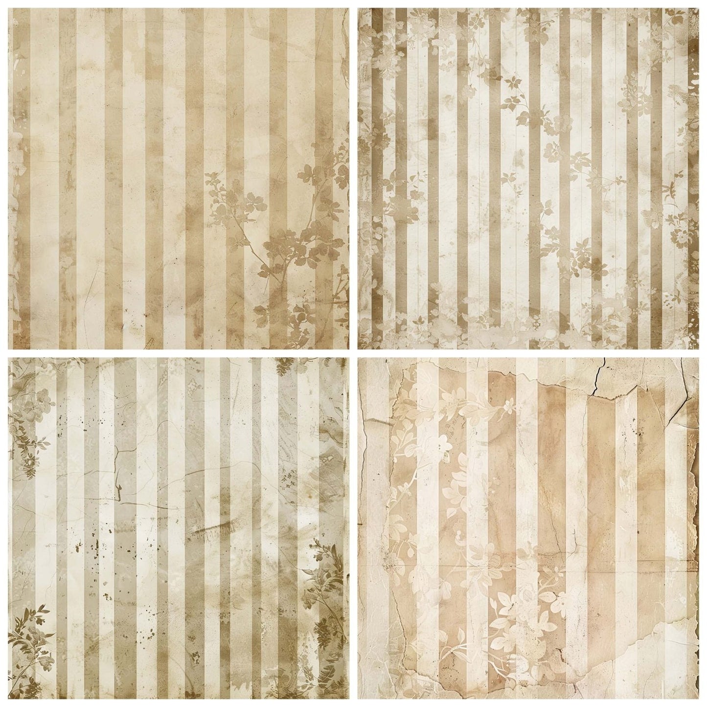 Vintage Digital Paper Cream Floral Stripes Digital Paper Pack (DDD004247)