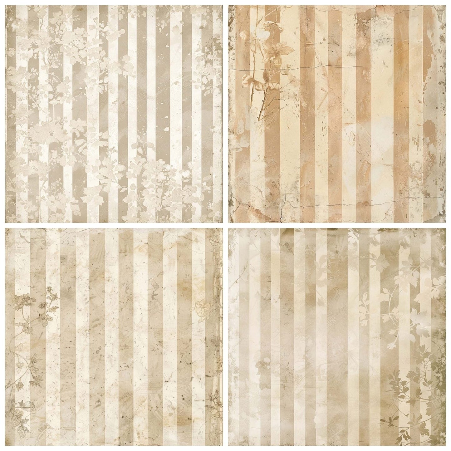 Vintage Digital Paper Cream Floral Stripes Digital Paper Pack (DDD004247)