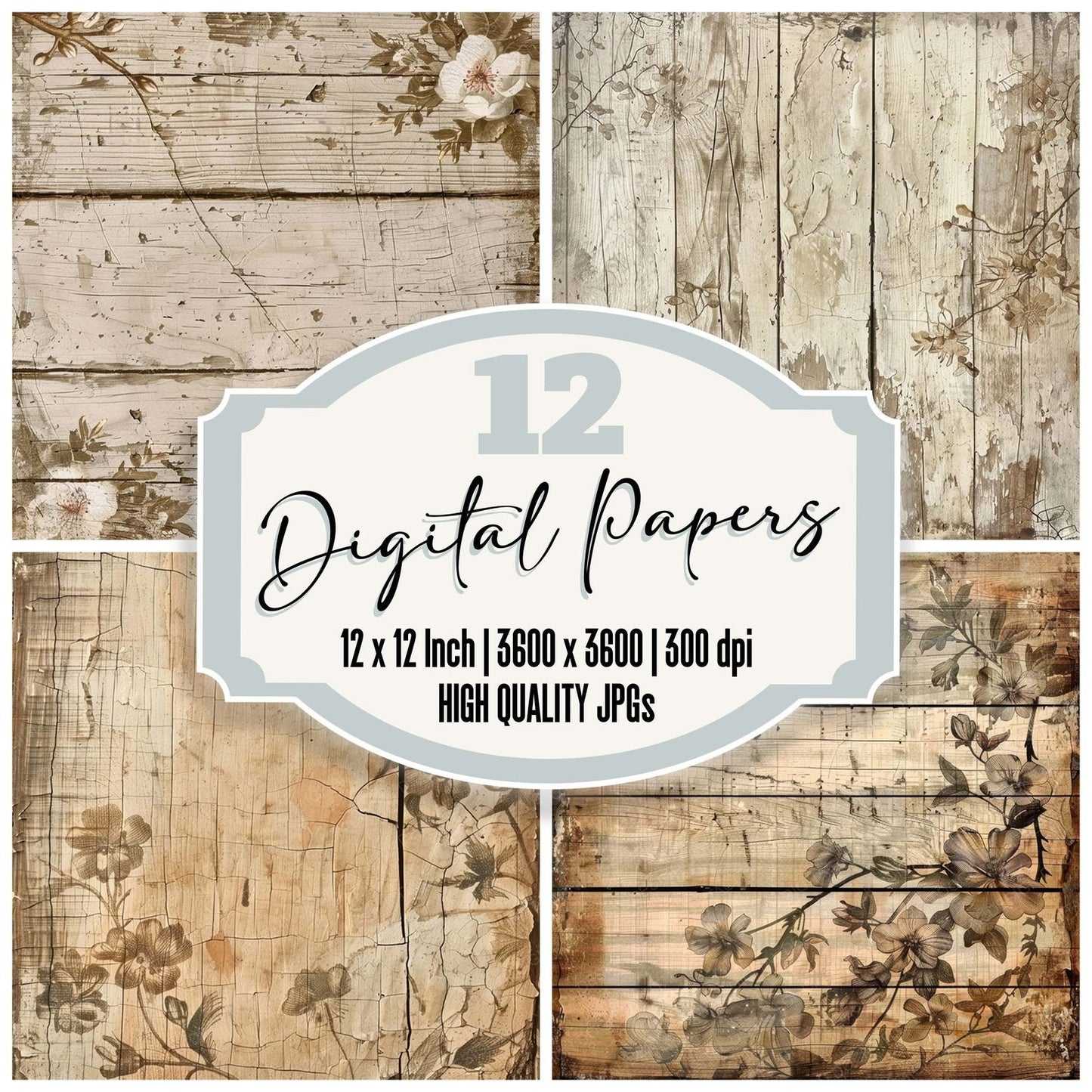 Vintage Digital Paper Floral Pale Woodgrain Digital Paper Pack (DDD004253)