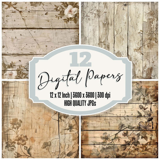 Vintage Digital Paper Floral Pale Woodgrain Digital Paper Pack (DDD004253)