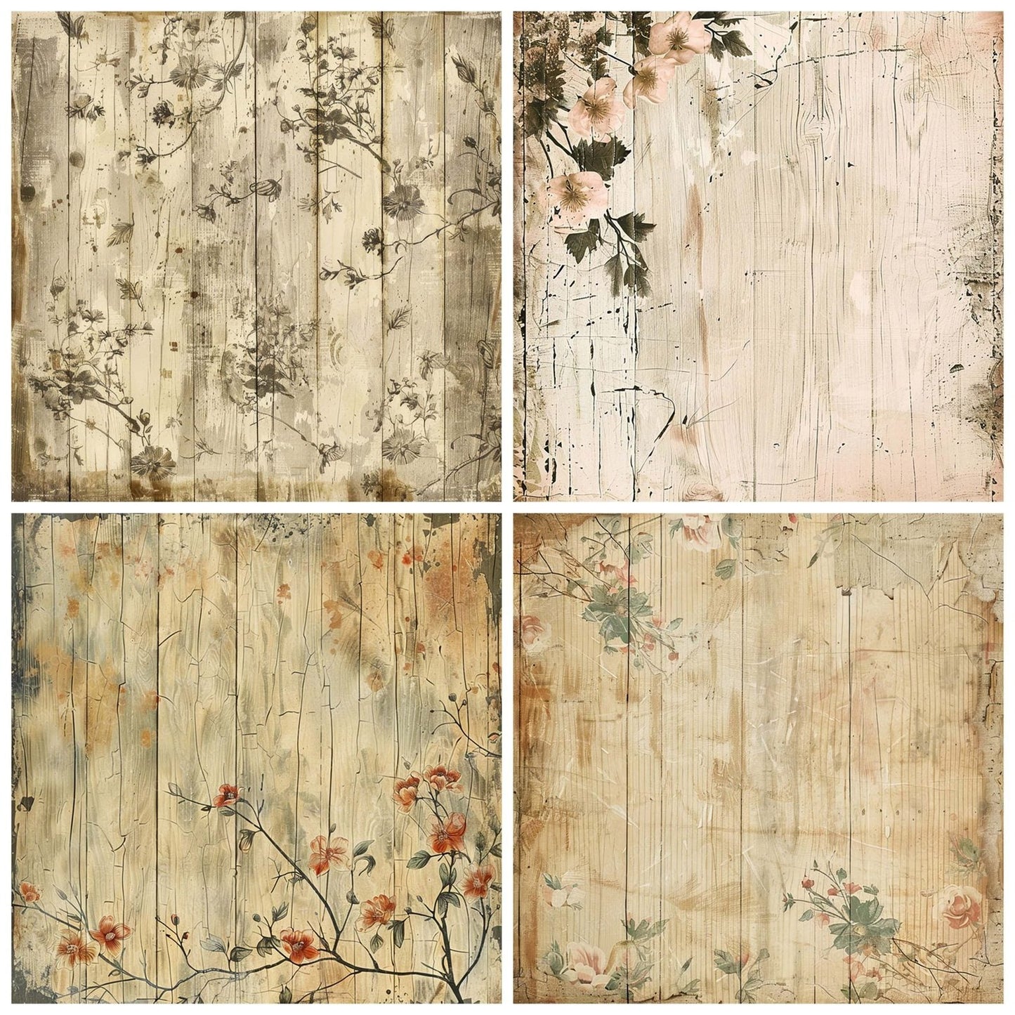 Vintage Digital Paper Floral Pale Woodgrain Digital Paper Pack (DDD004253)