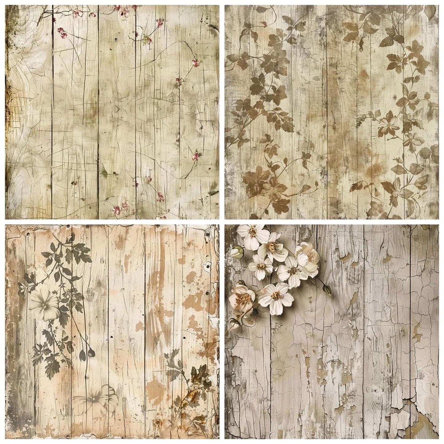 Vintage Digital Paper Floral Pale Woodgrain Digital Paper Pack (DDD004253)