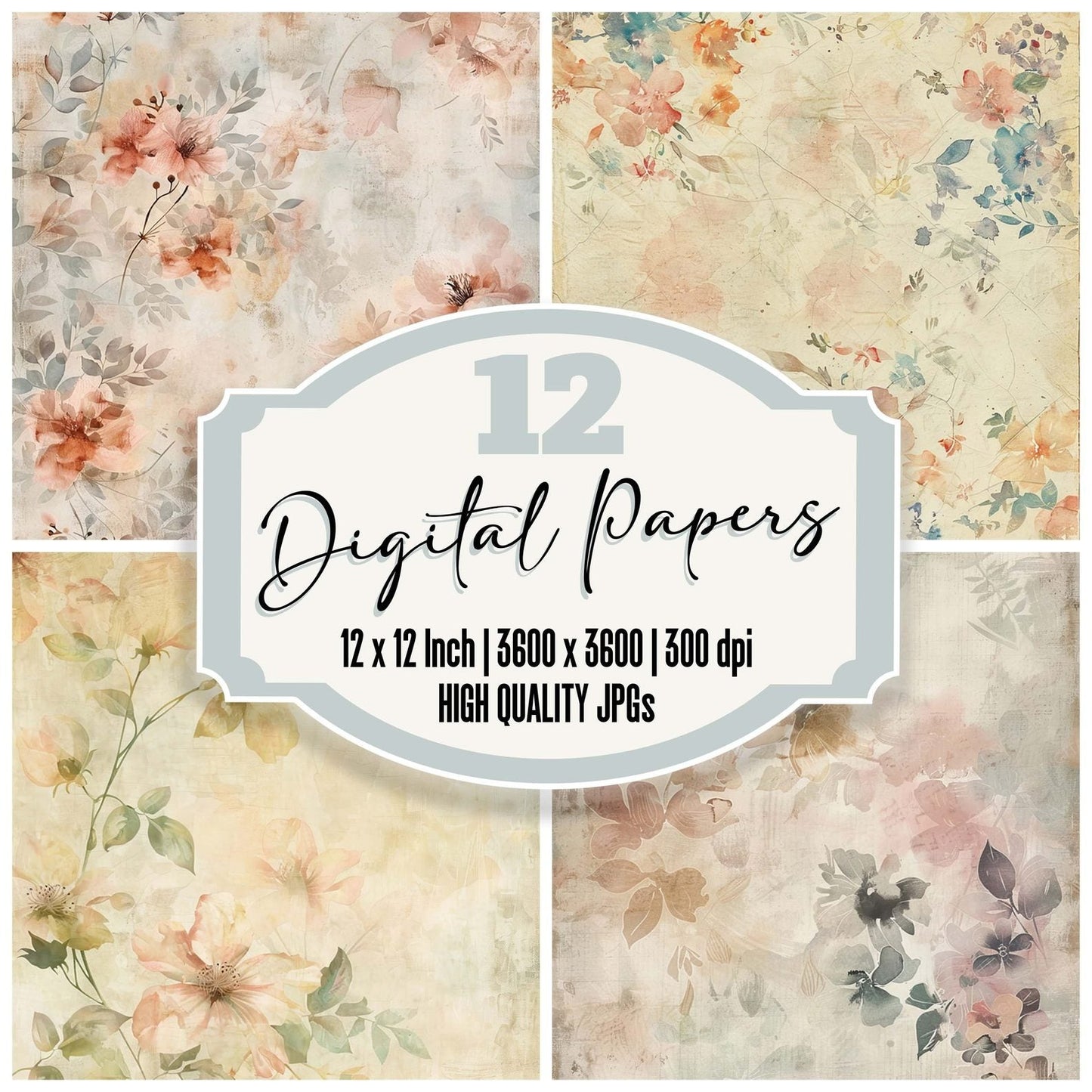Vintage Digital Paper Floral Pastel Wash Digital Paper Pack (DDD004254)