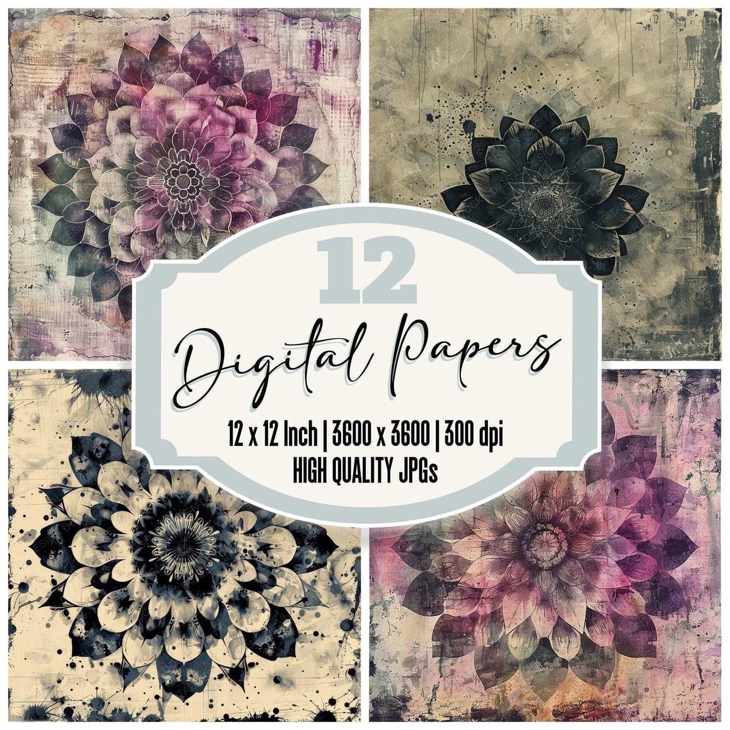Vintage Digital Paper Ink Wash Mandala Digital Paper Pack (DDD004256)