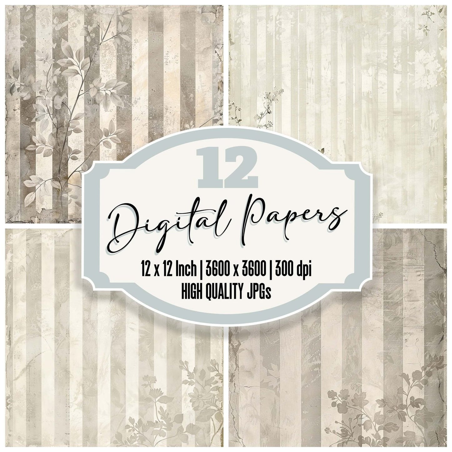 Vintage Digital Paper Light Grey Floral Stripes Digital Paper Pack (DDD004261)