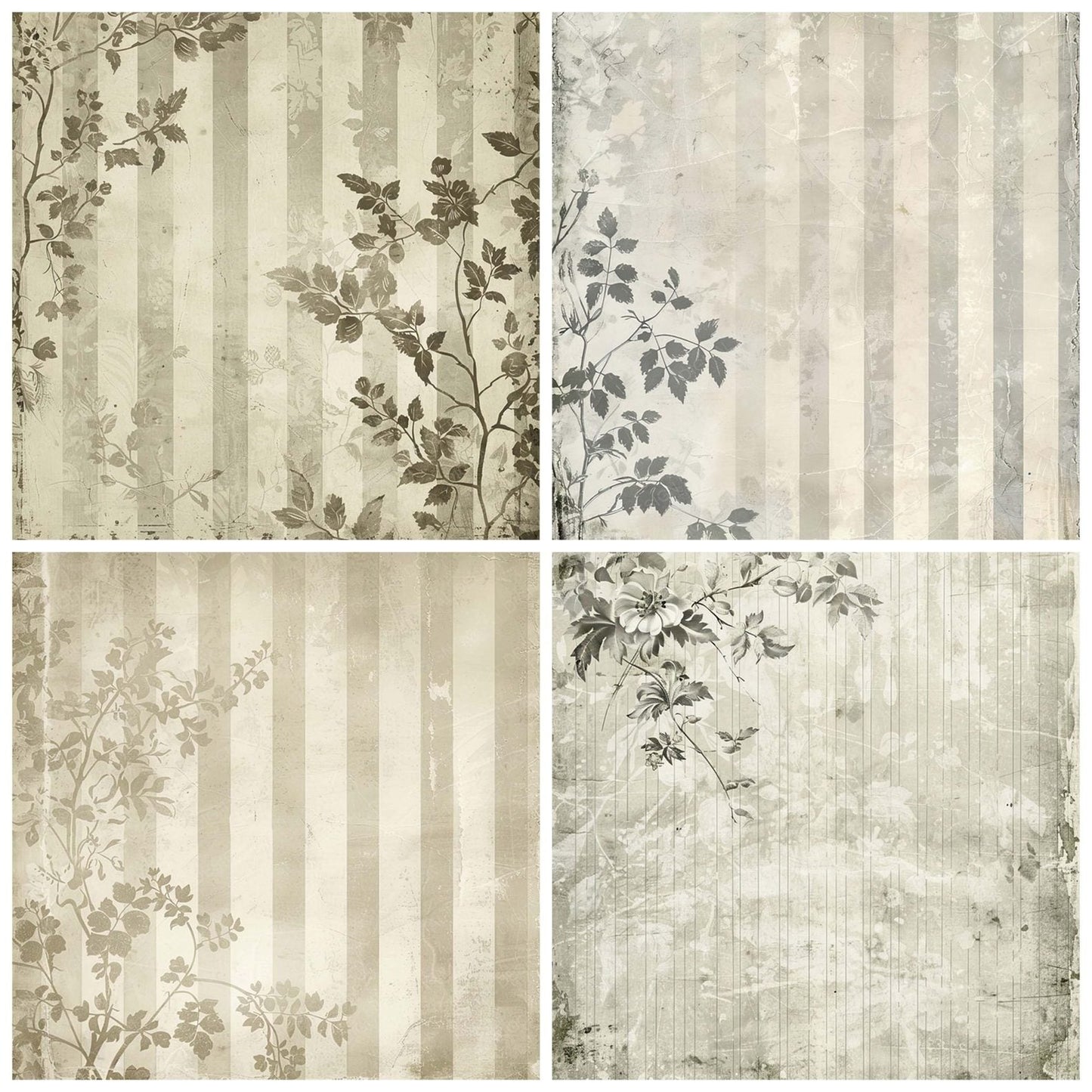 Vintage Digital Paper Light Grey Floral Stripes Digital Paper Pack (DDD004261)