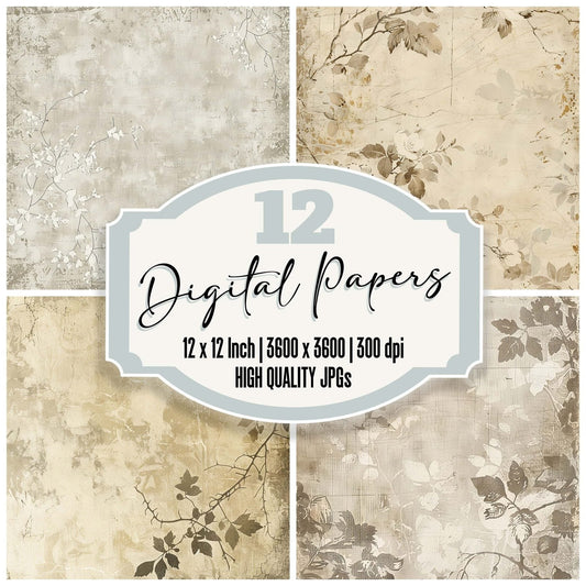 Vintage Digital Paper Muted Cream Floral Canvas Digital Paper Pack (DDD004263)