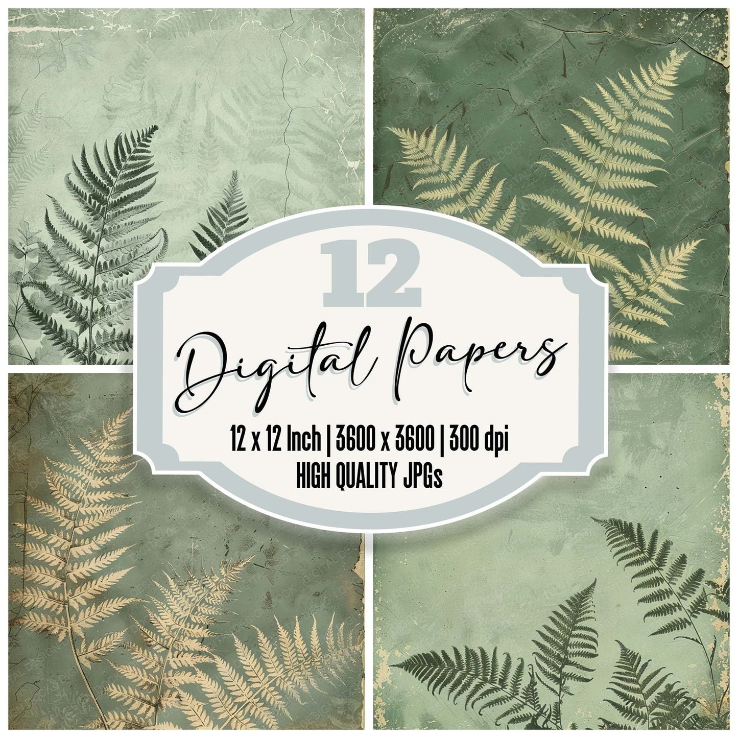 Vintage Digital Paper Muted Green Ferns Digital Paper Pack (DDD004264)