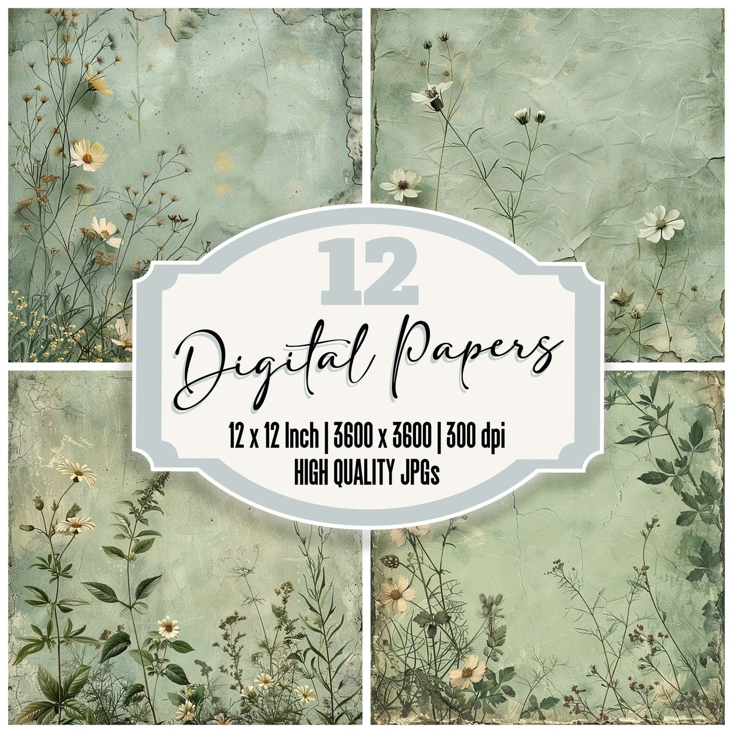 Vintage Digital Paper Muted Sage Botanical Digital Paper Pack (DDD004265)