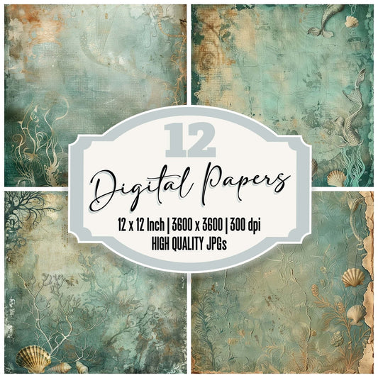 Vintage Digital Paper Muted Teal Mermaid Digital Paper Pack (DDD004266)