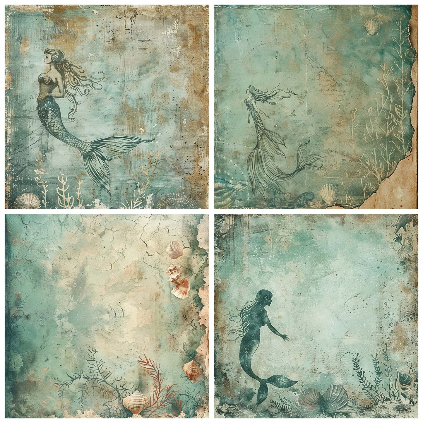 Vintage Digital Paper Muted Teal Mermaid Digital Paper Pack (DDD004266)