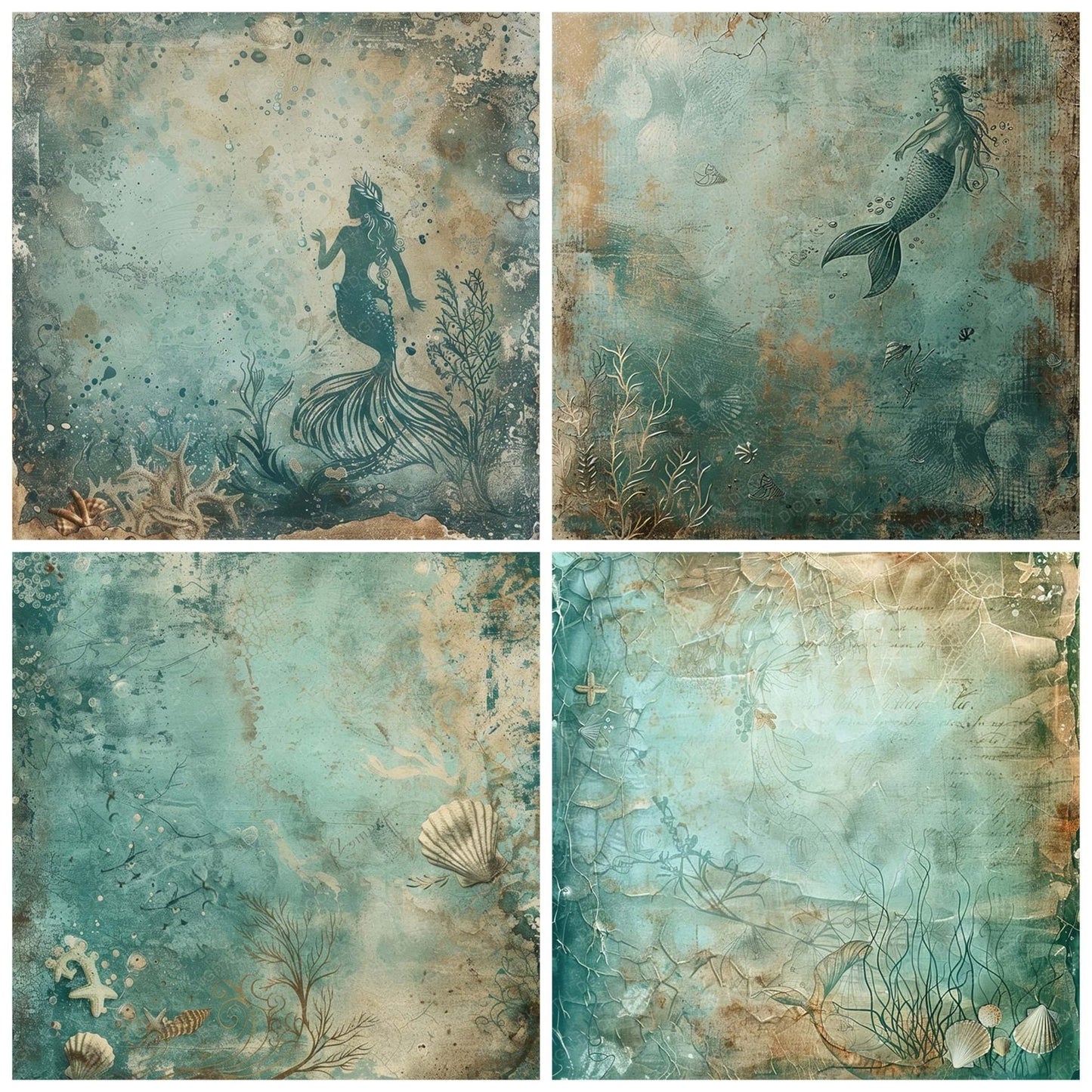 Vintage Digital Paper Muted Teal Mermaid Digital Paper Pack (DDD004266)