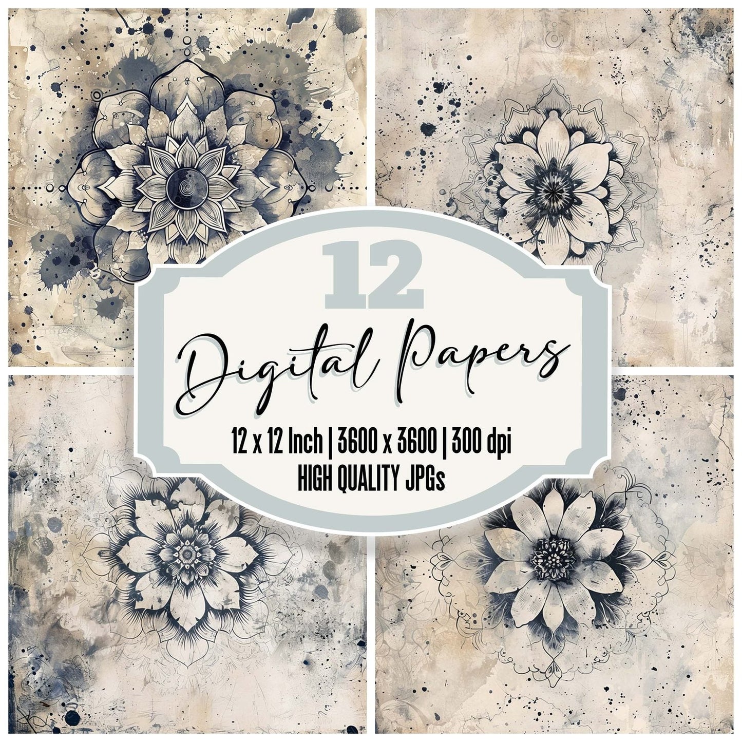 Vintage Digital Paper Navy Ink Mandala Digital Paper Pack (DDD004268)
