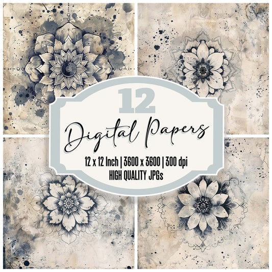 Vintage Digital Paper Navy Ink Mandala Digital Paper Pack (DDD004268)