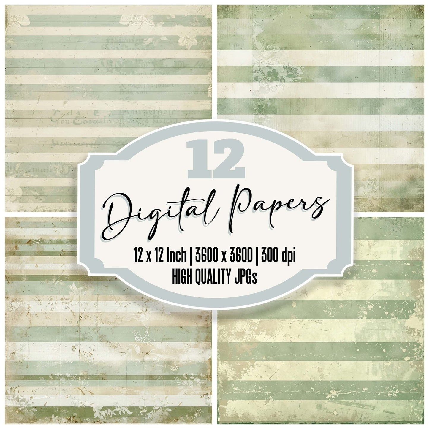 Vintage Digital Paper Pale Green Stripes Digital Paper Pack (DDD004270)