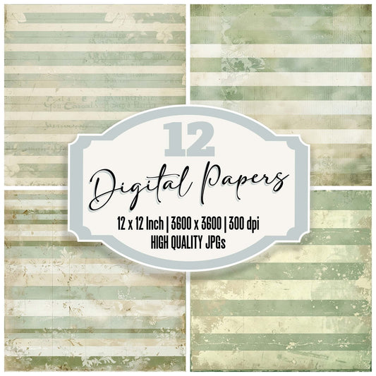 Vintage Digital Paper Pale Green Stripes Digital Paper Pack (DDD004270)