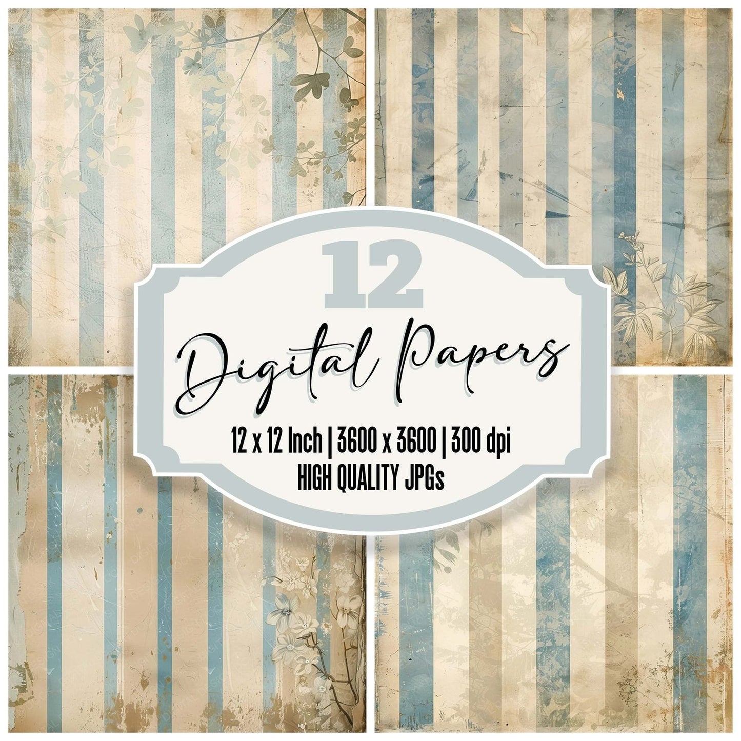 Vintage Digital Paper Pastel Blue Floral Stripes Digital Paper Pack (DDD004272)