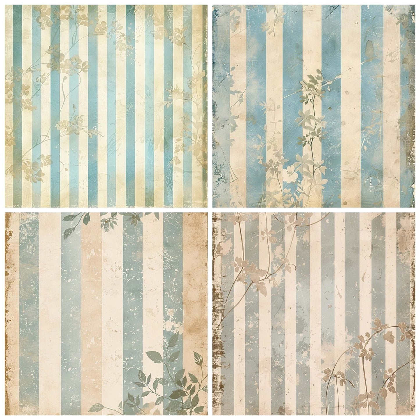 Vintage Digital Paper Pastel Blue Floral Stripes Digital Paper Pack (DDD004272)