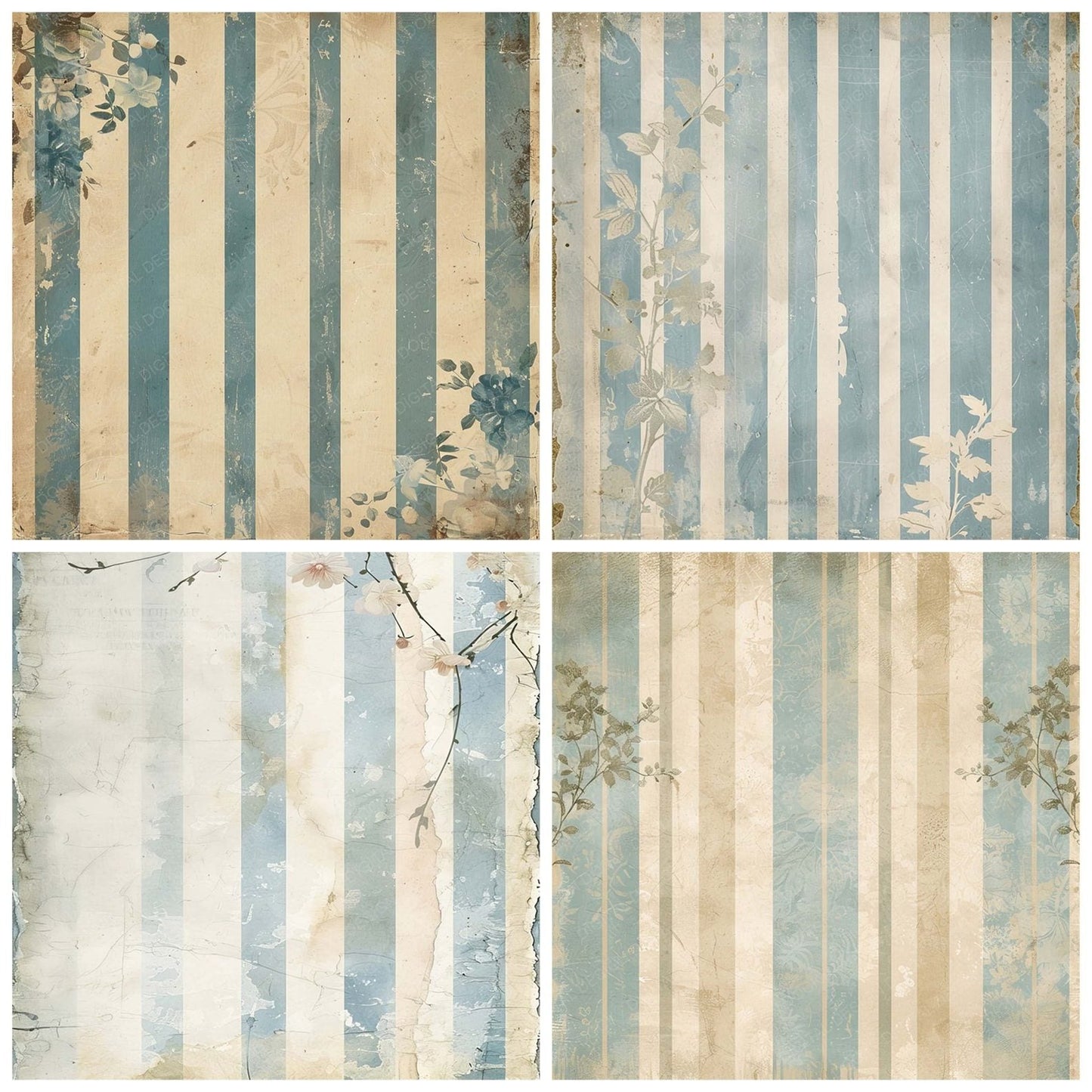 Vintage Digital Paper Pastel Blue Floral Stripes Digital Paper Pack (DDD004272)