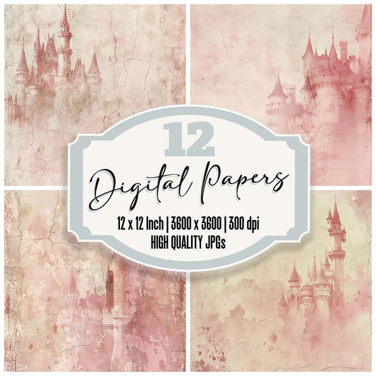 Vintage Digital Paper Pastel Pink Princess Castle Digital Paper Pack (DDD004273)