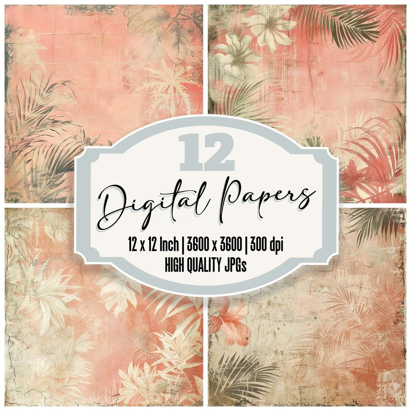 Vintage Digital Paper Pastel Pink Tropical Digital Paper Pack (DDD004274)
