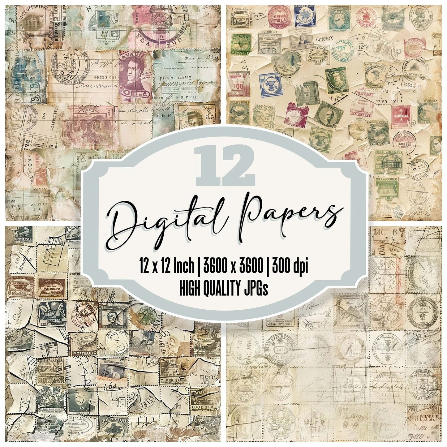 Vintage Digital Paper Postage Stamps Digital Paper Pack (DDD004276)