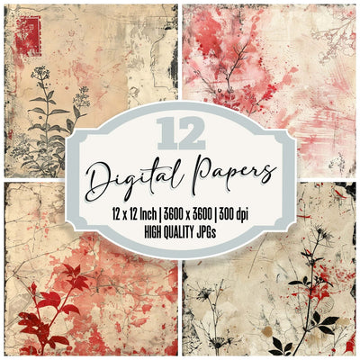 Vintage Digital Paper Red Ink Wash Botanical Digital Paper Pack (DDD004279)