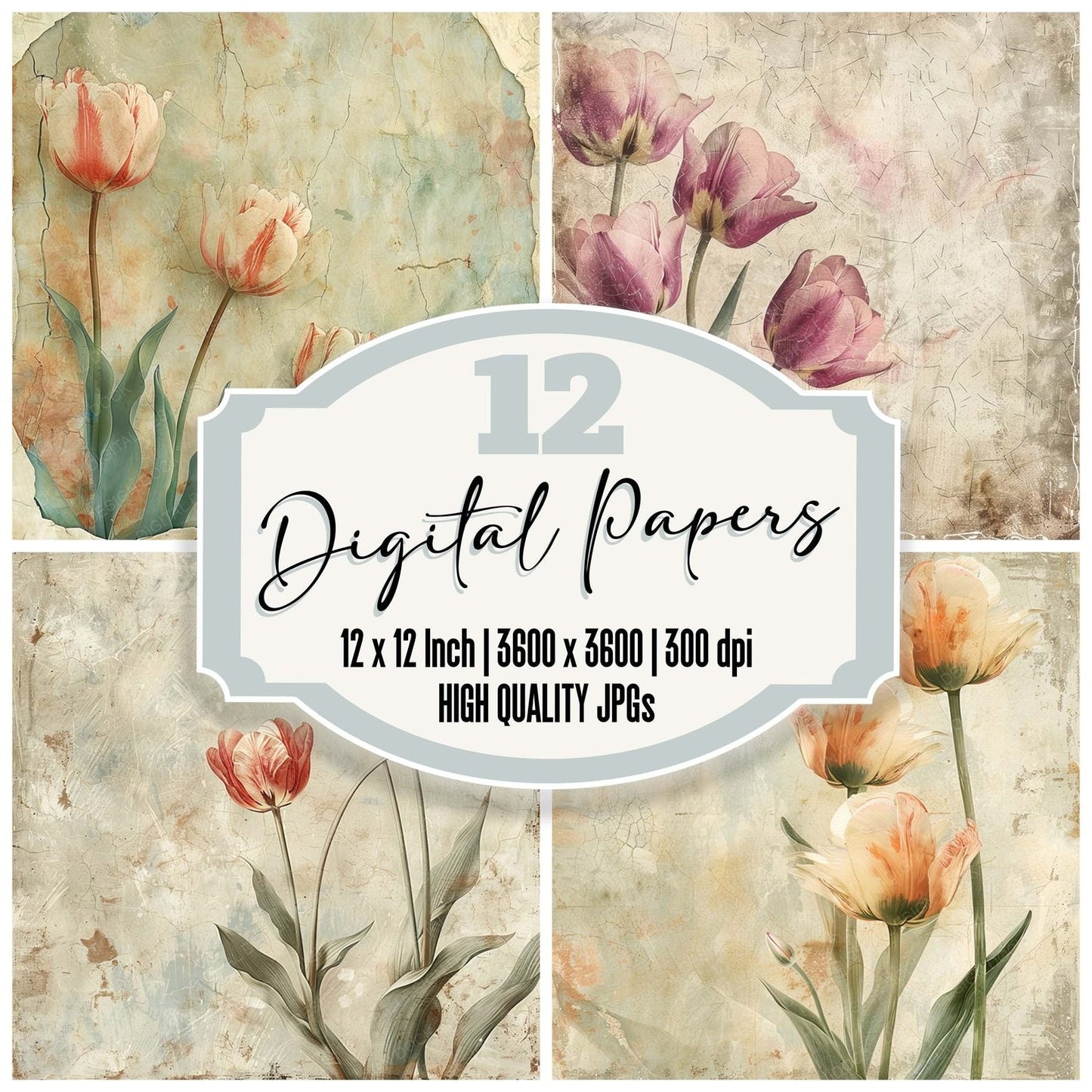 Vintage Digital Paper Rustic Tulip Digital Paper Pack (DDD004280)