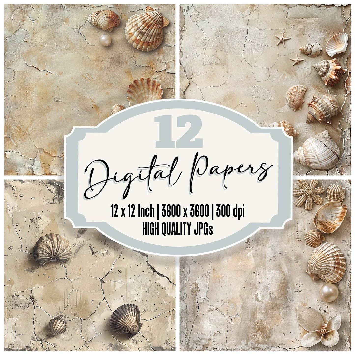 Vintage Digital Paper Seashells Digital Paper Pack (DDD004281)