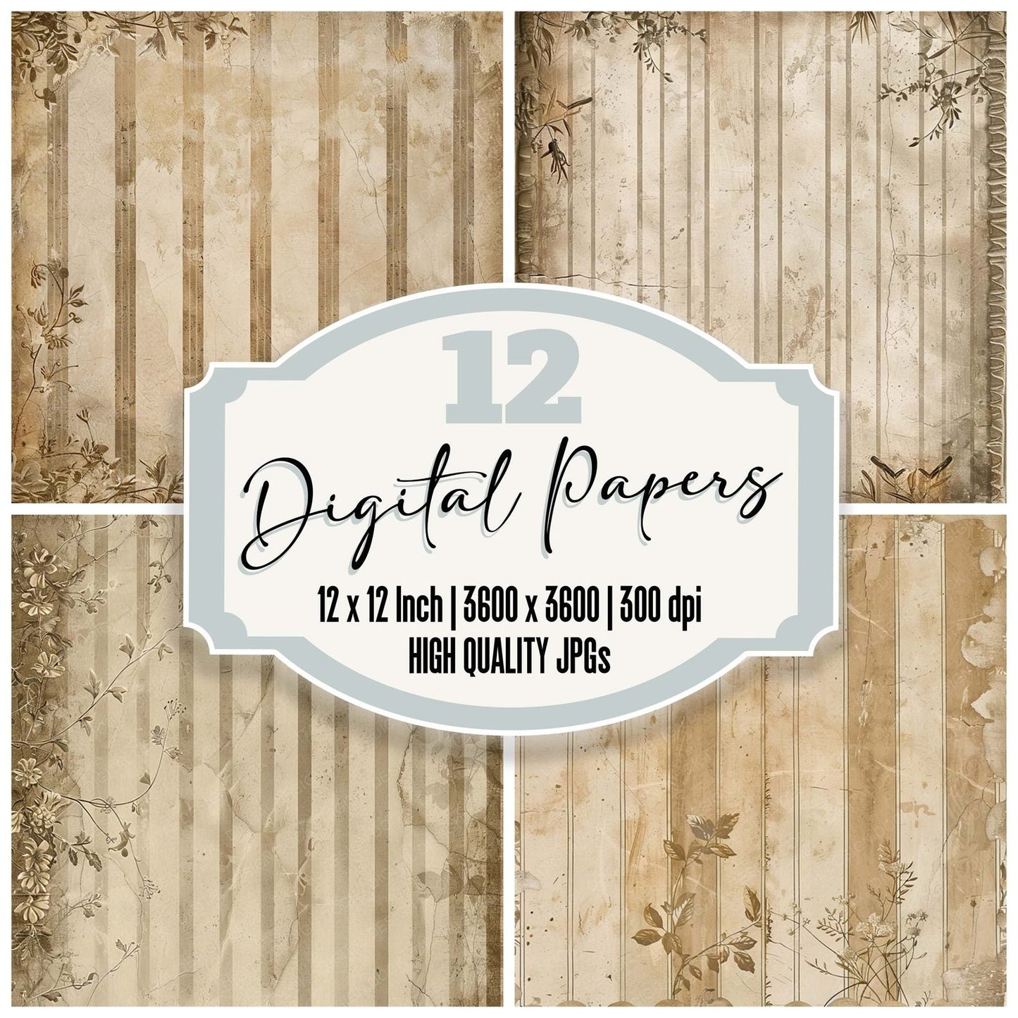Vintage Digital Paper Sepia Floral Stripes Digital Paper Pack (DDD004282)