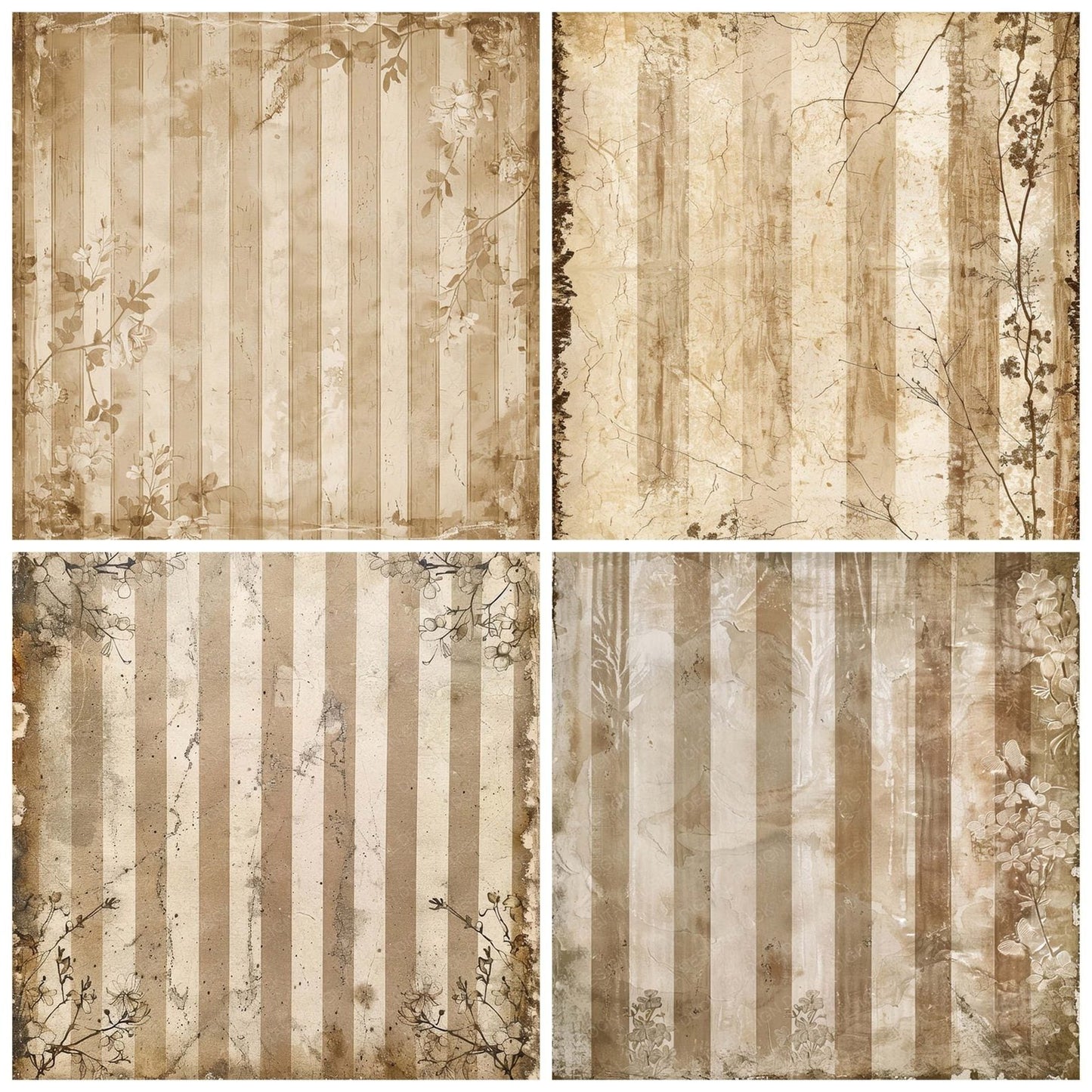 Vintage Digital Paper Sepia Floral Stripes Digital Paper Pack (DDD004282)