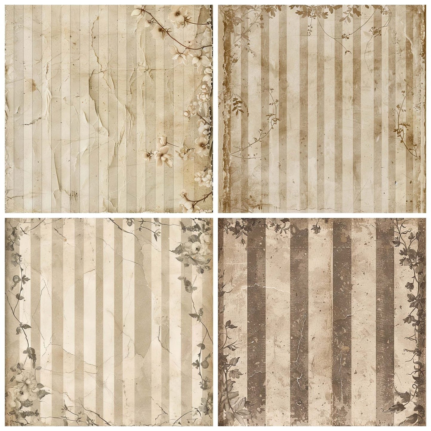 Vintage Digital Paper Sepia Floral Stripes Digital Paper Pack (DDD004282)