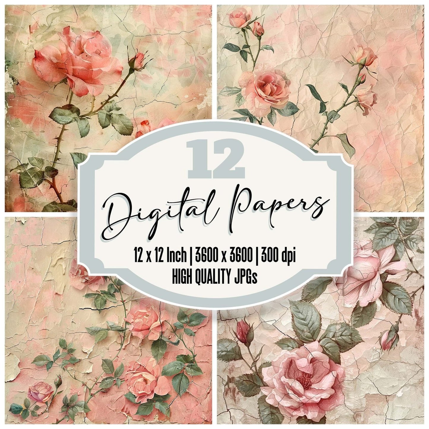 Vintage Digital Paper Soft Roses Digital Paper Pack (DDD004288)