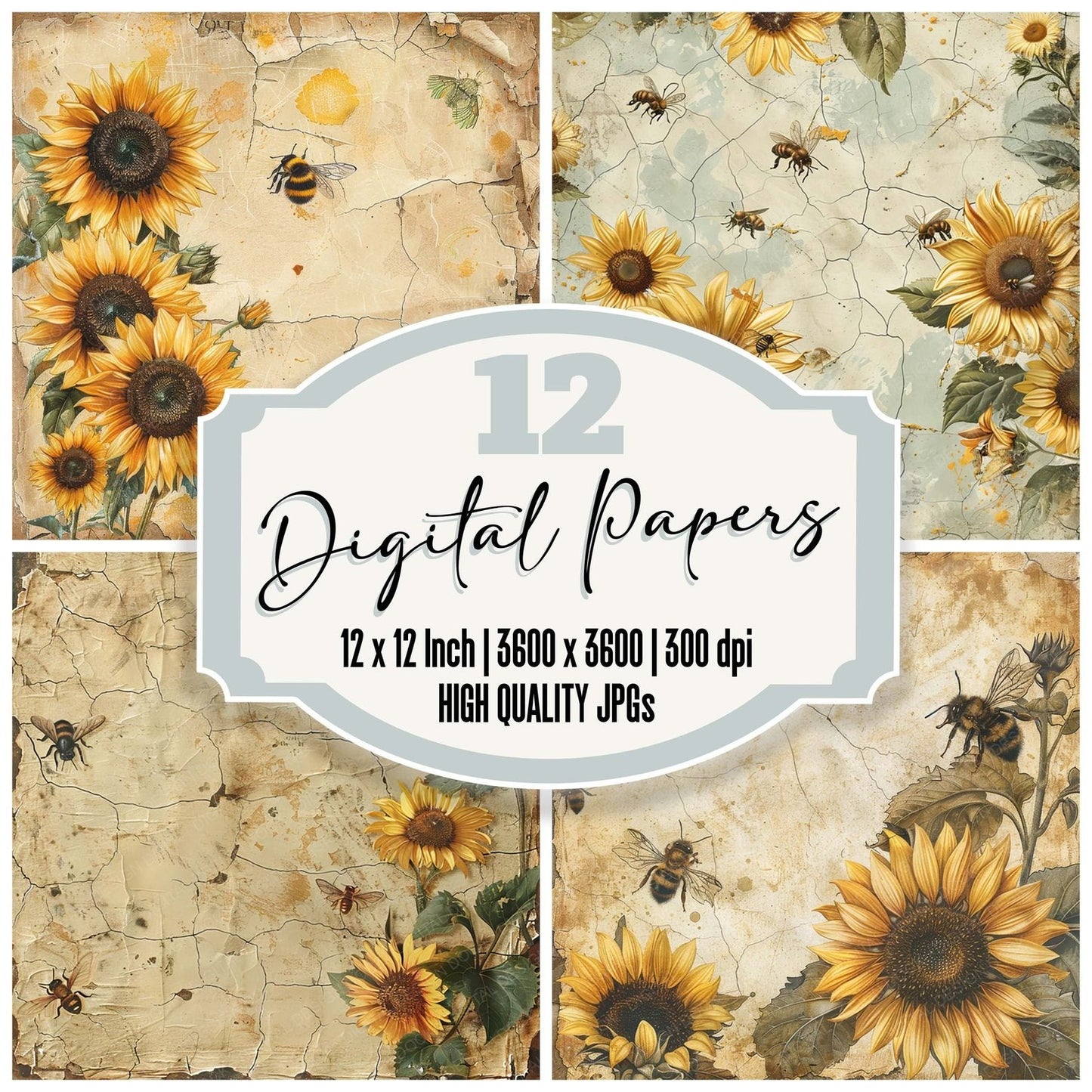 Vintage Digital Paper Sunflower Bees Digital Paper Pack (DDD004290)