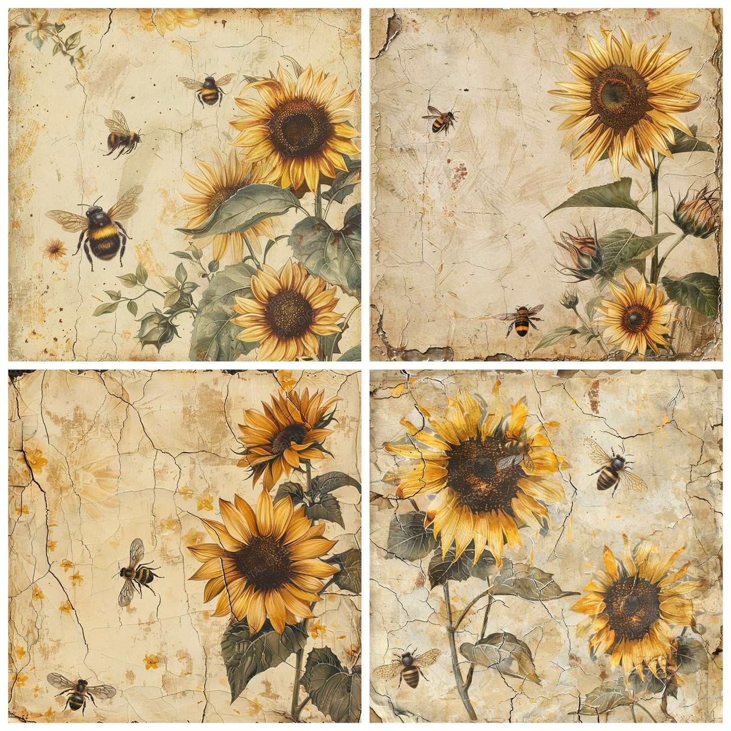 Vintage Digital Paper Sunflower Bees Digital Paper Pack (DDD004290)