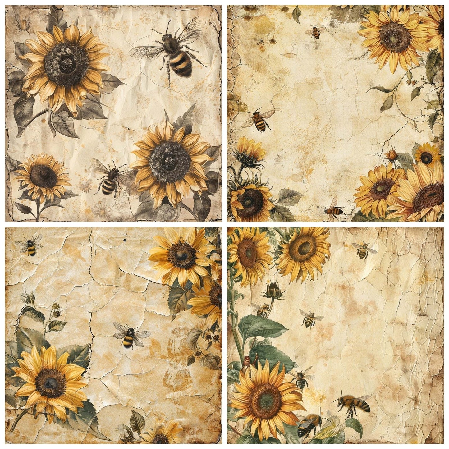 Vintage Digital Paper Sunflower Bees Digital Paper Pack (DDD004290)
