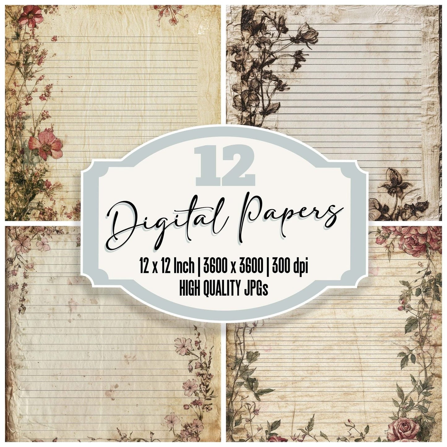 Vintage Lined Roses Digital Paper Pack (DDD004306)