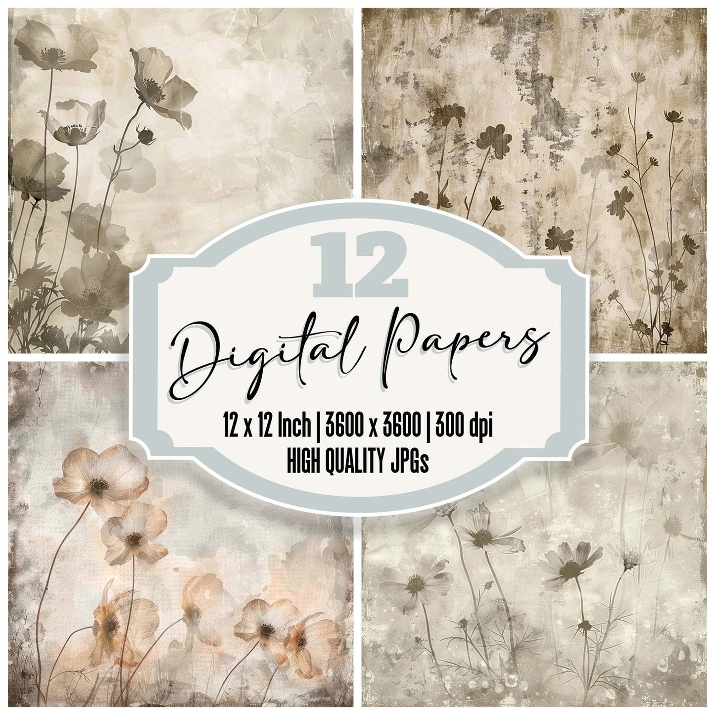 Warm Taupe Floral Digital Paper Pack (DDD004354)