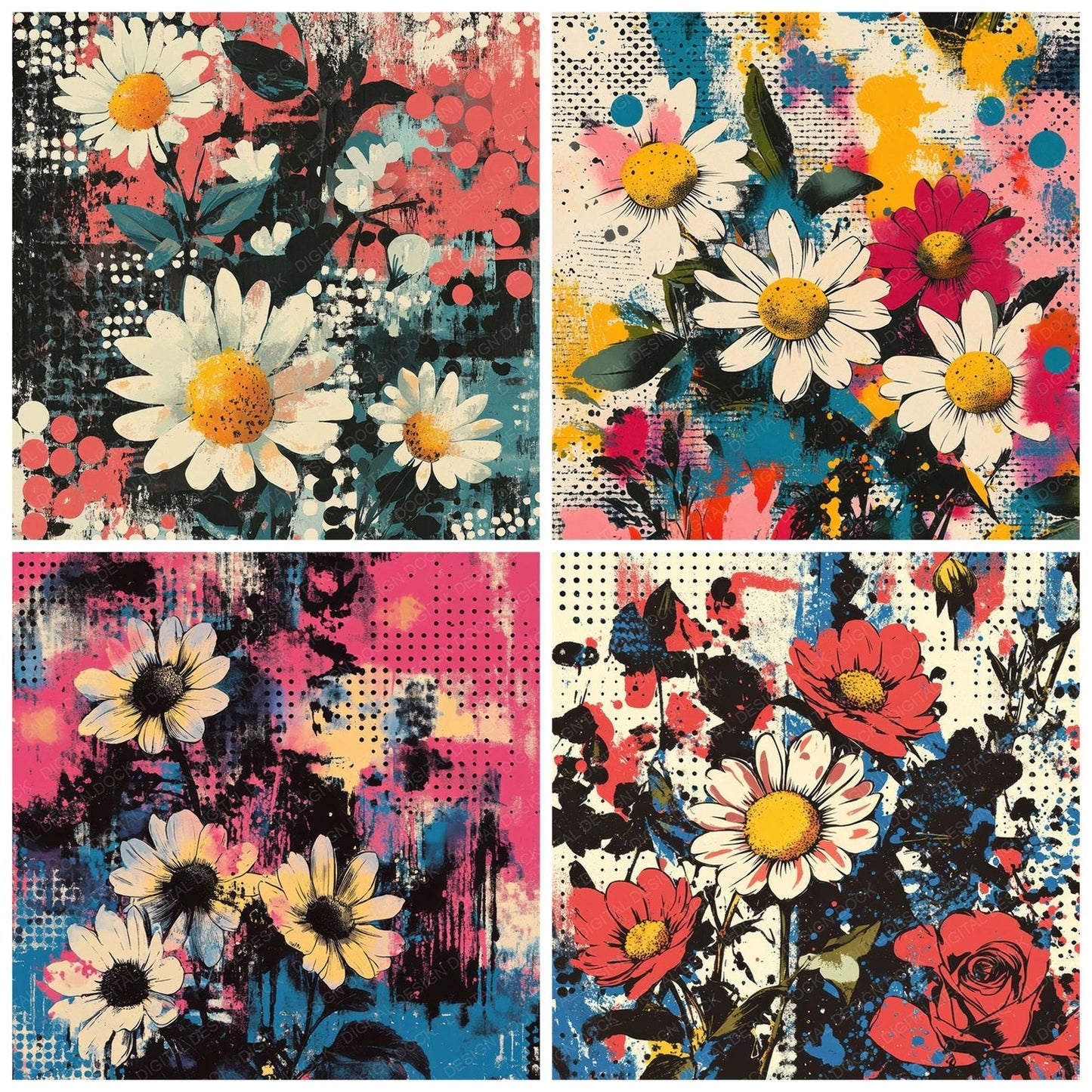 Warped Halftone Florals Digital Paper Pack (DDD004357)