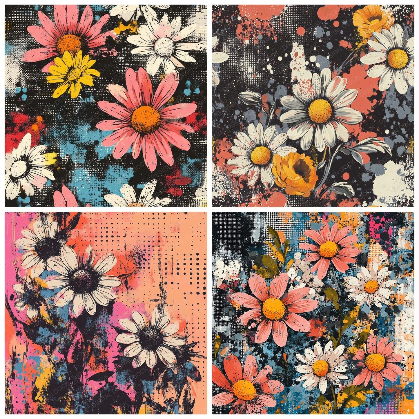 Warped Halftone Florals Digital Paper Pack (DDD004357)