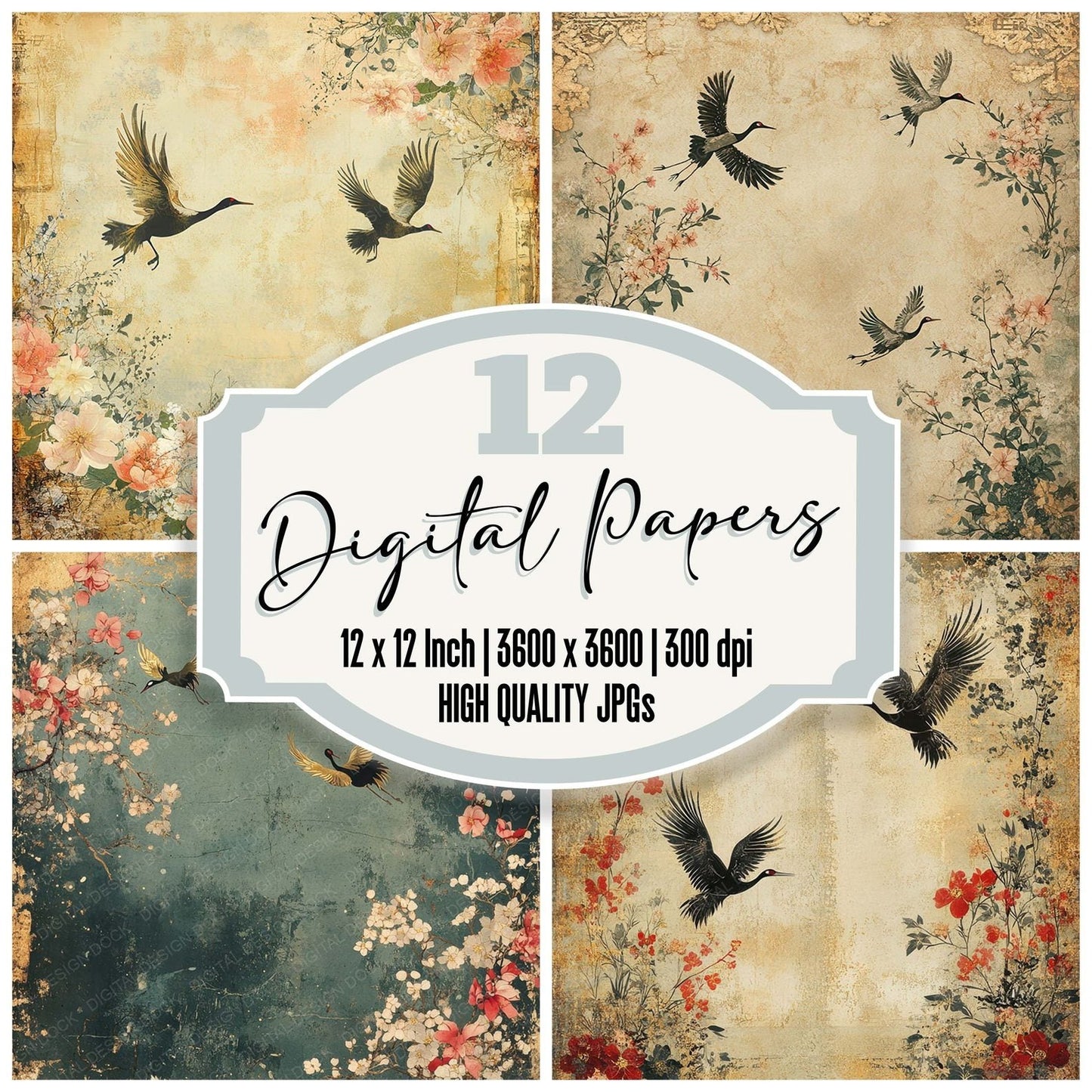 Washi Crane Collage Digital Paper Pack (DDD004365)