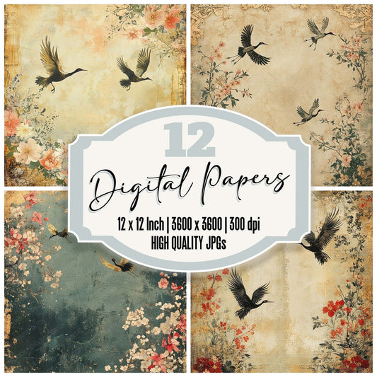 Washi Crane Collage Digital Paper Pack (DDD004365)