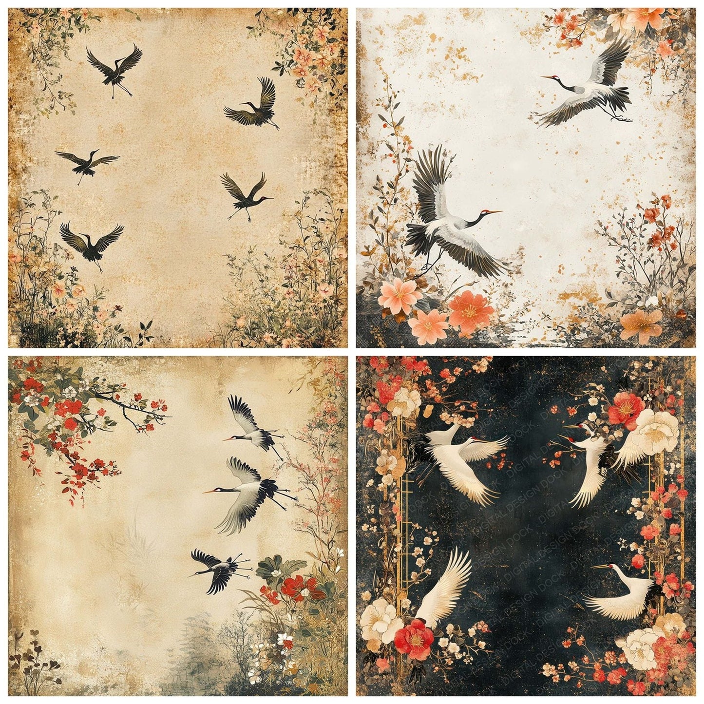 Washi Crane Collage Digital Paper Pack (DDD004365)
