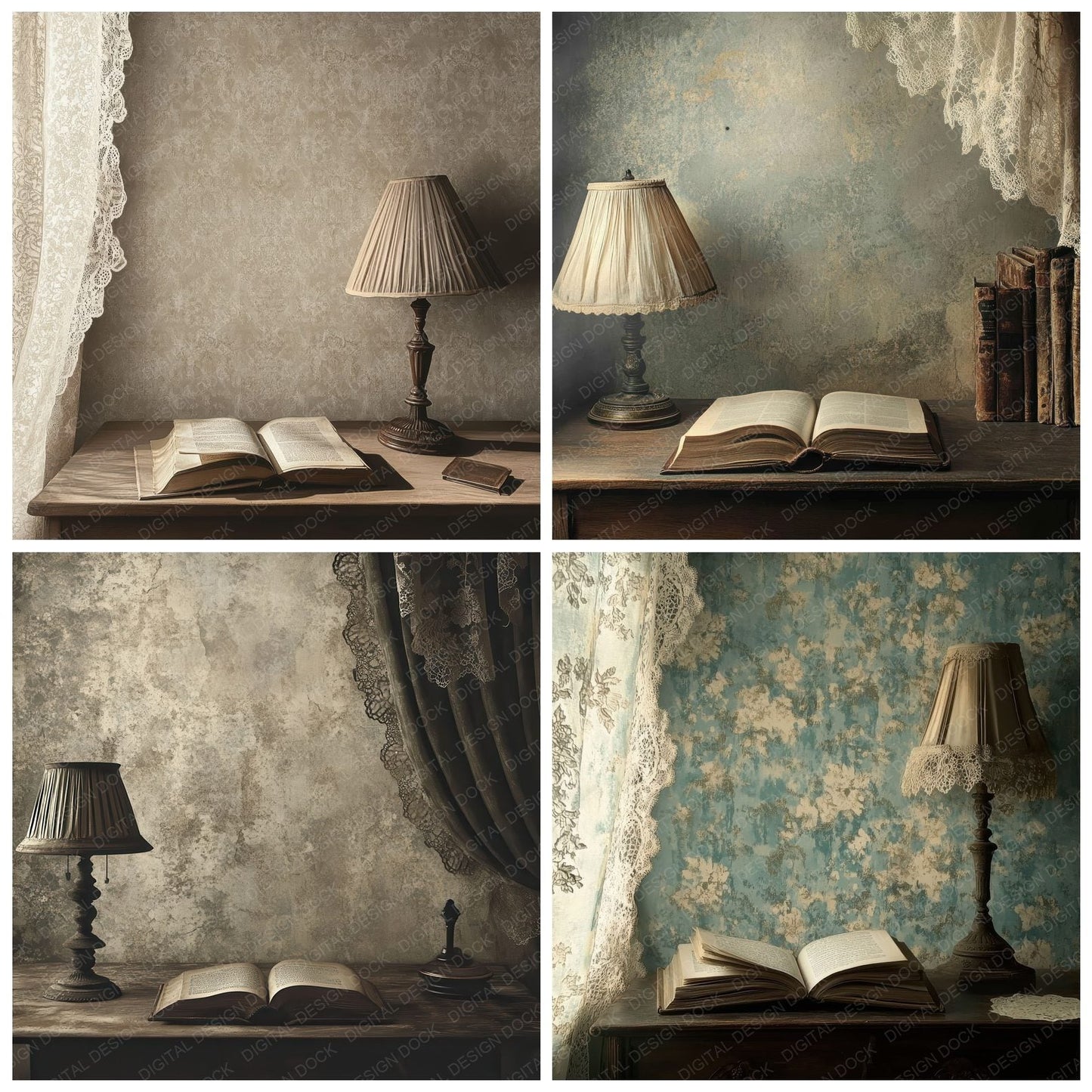 Writing Desk Lace Curtain Digital Paper Pack (DDD004481)