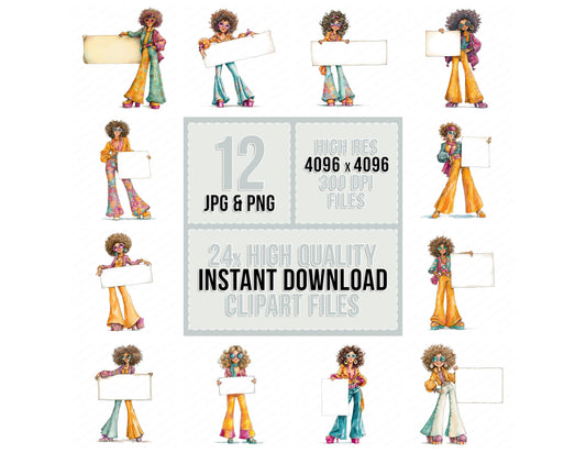 70s Disco Woman with Banner clipart set with transparent PNGs and high resolution JPGs for crafting and design projects