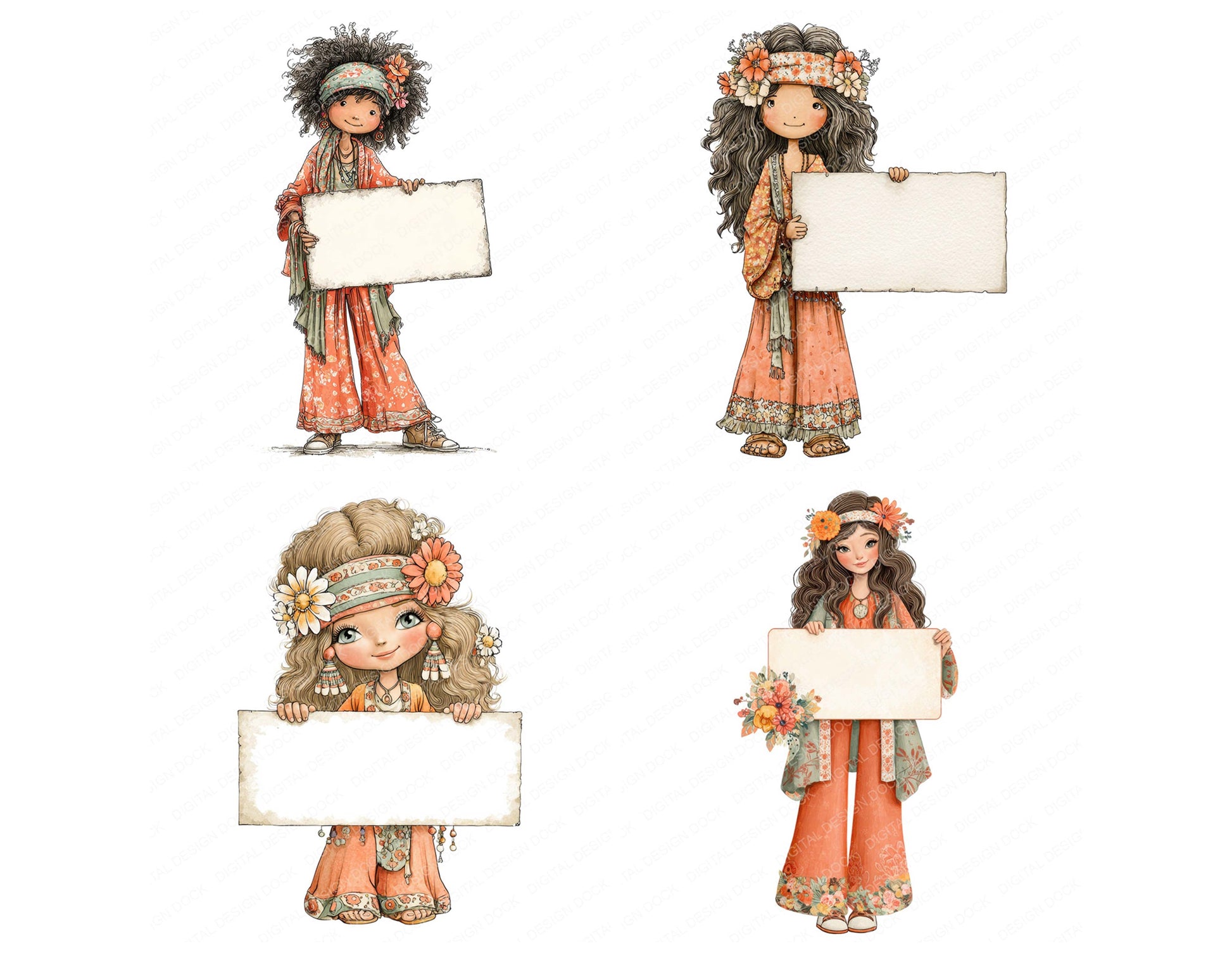 Preview layout showing 70s Hippie Woman with Banner clipart elements for scrapbooking, junk journals, and card making