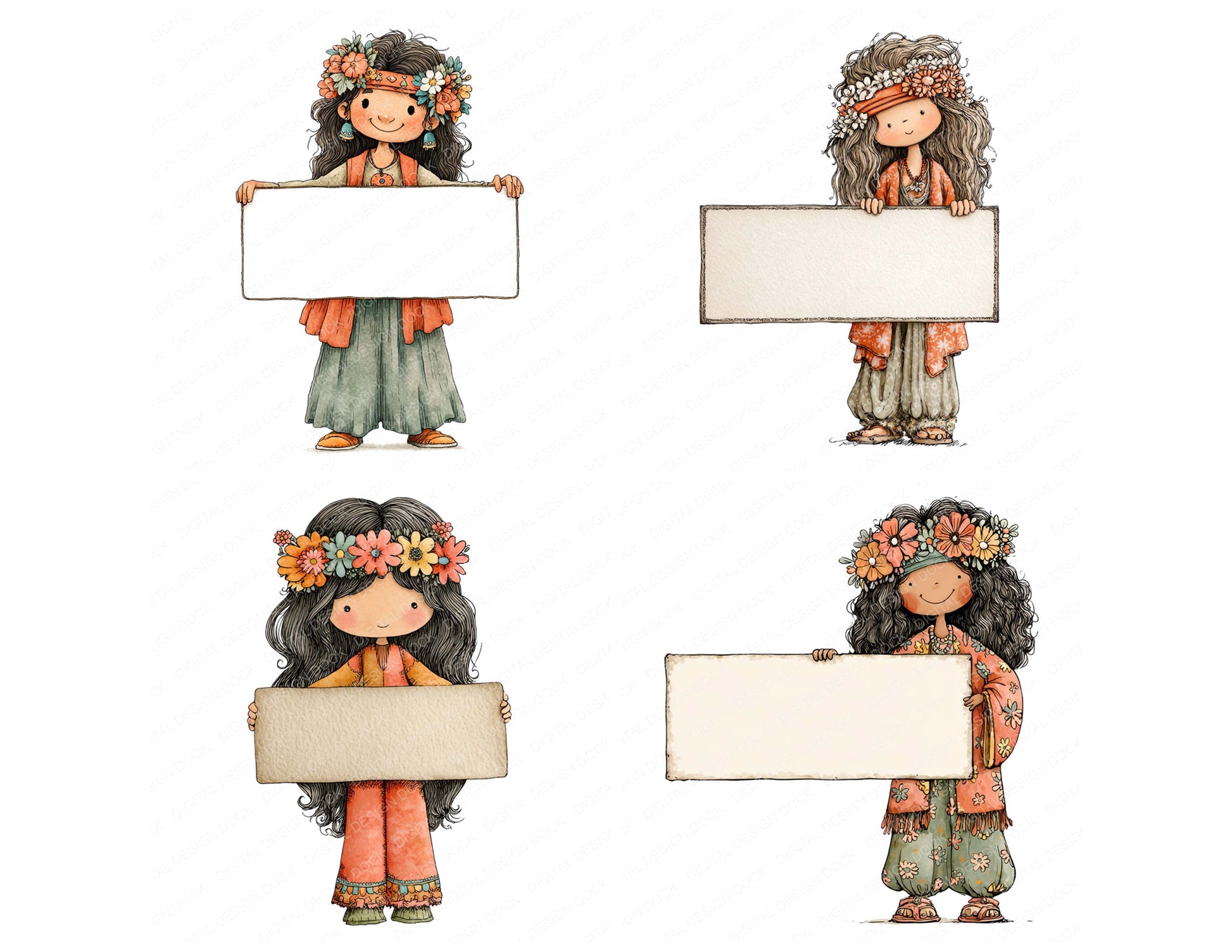 Close view of 70s Hippie Woman with Banner clipart highlighting illustration detail and cohesive colour tones