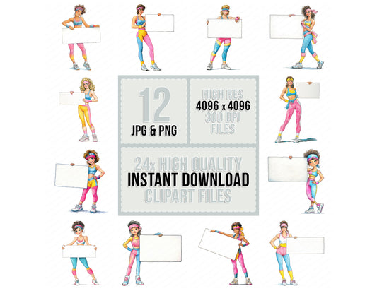 80s Workout Woman with Banner clipart set with transparent PNGs and high resolution JPGs for crafting and design projects