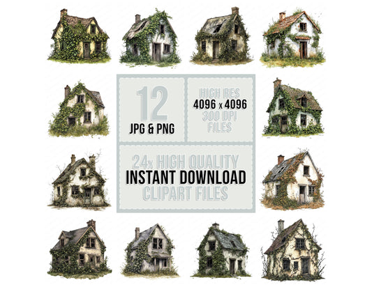 Abandoned Cottage clipart set with transparent PNGs and high resolution JPGs for crafting and design projects