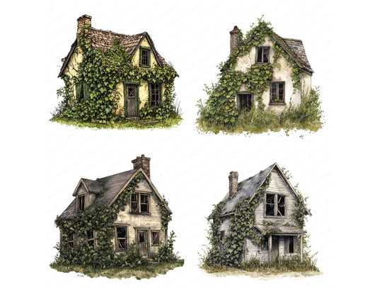 Preview layout showing Abandoned Cottage clipart elements for scrapbooking, junk journals, and card making